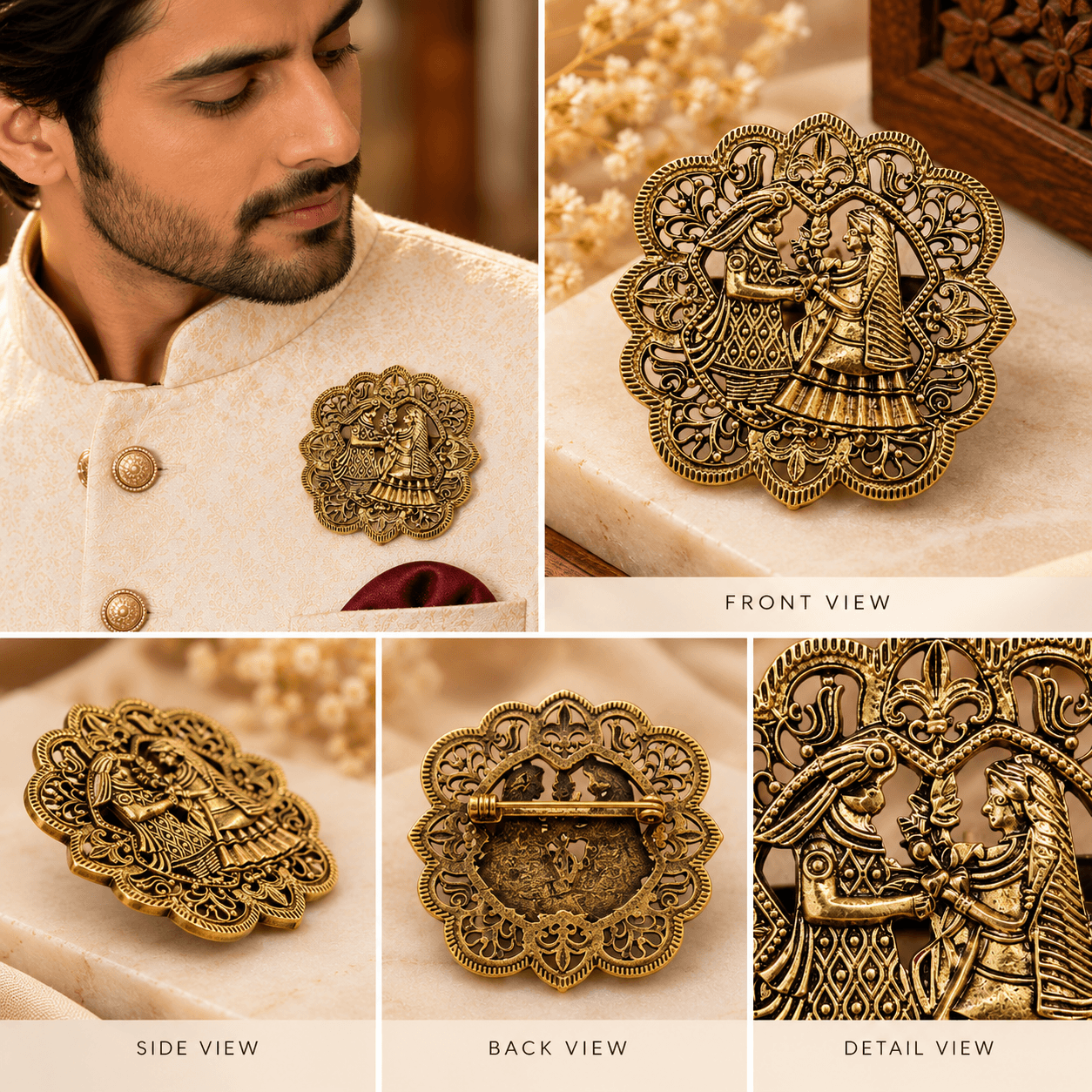 Antique Gold Wedding Bride & Groom Sherwani Brooch — view 3