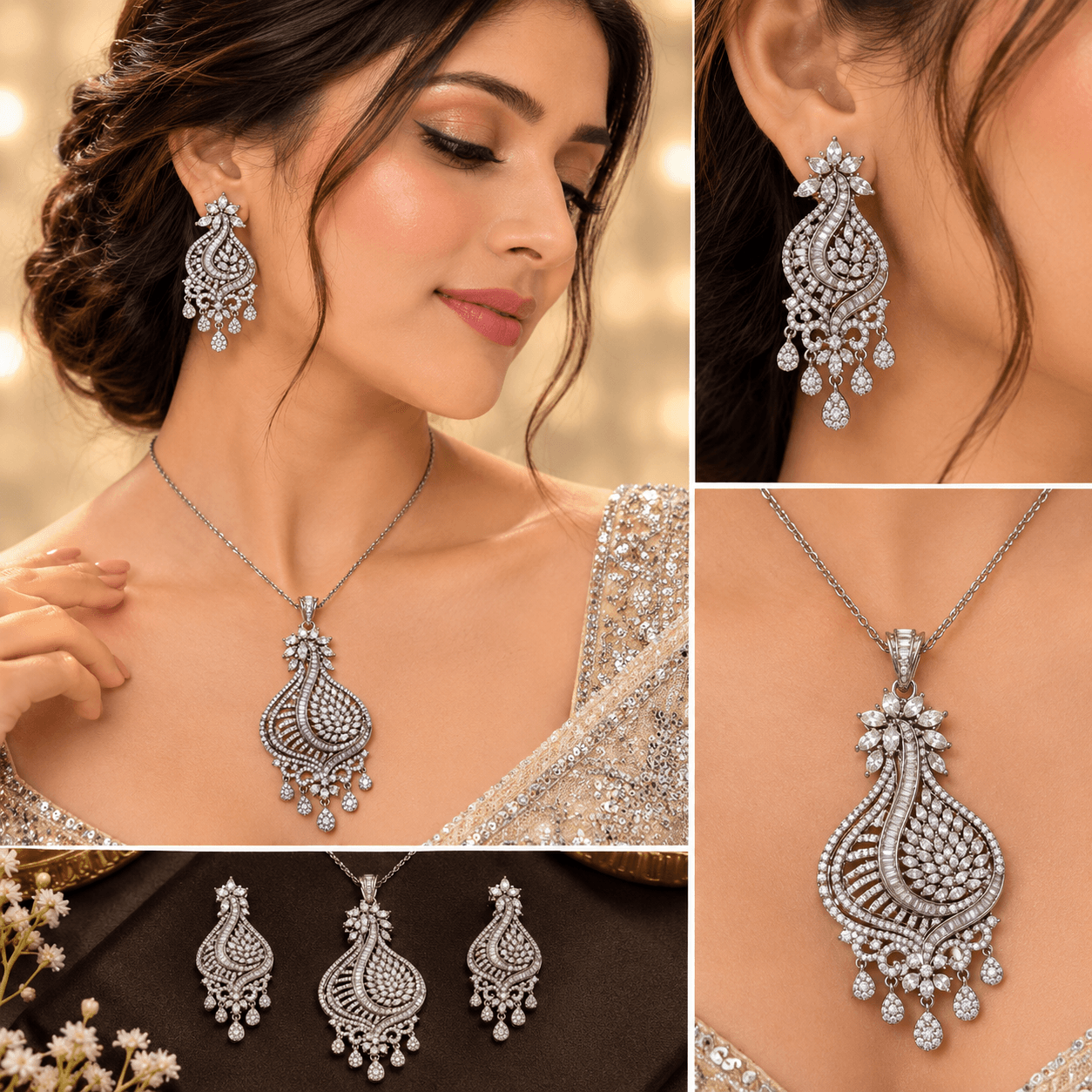 Elegant Black Polish American Diamond Pendant Set — view 2