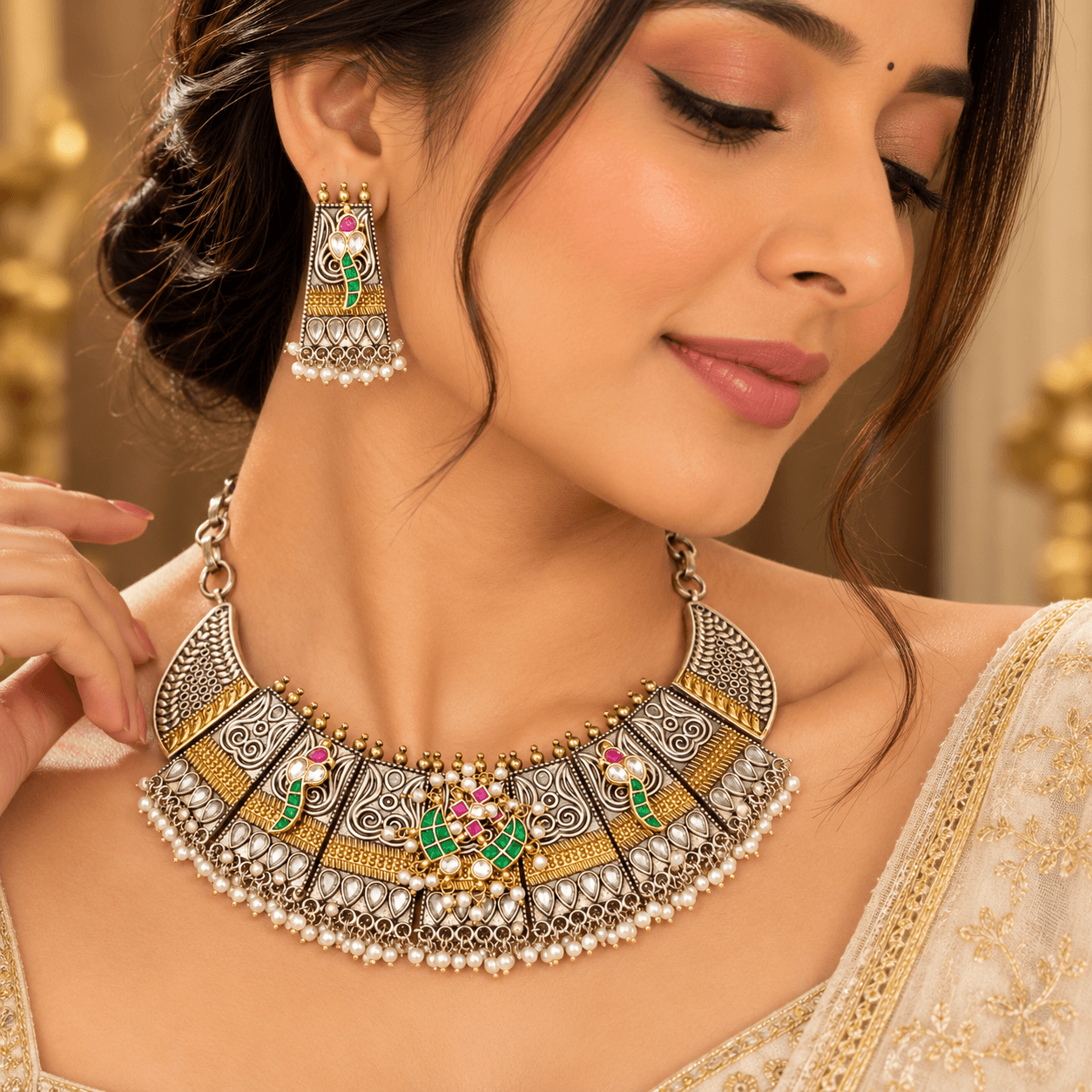 Jaipuri German Silver Meenakari Pearl Fringe Necklace Set — view 2