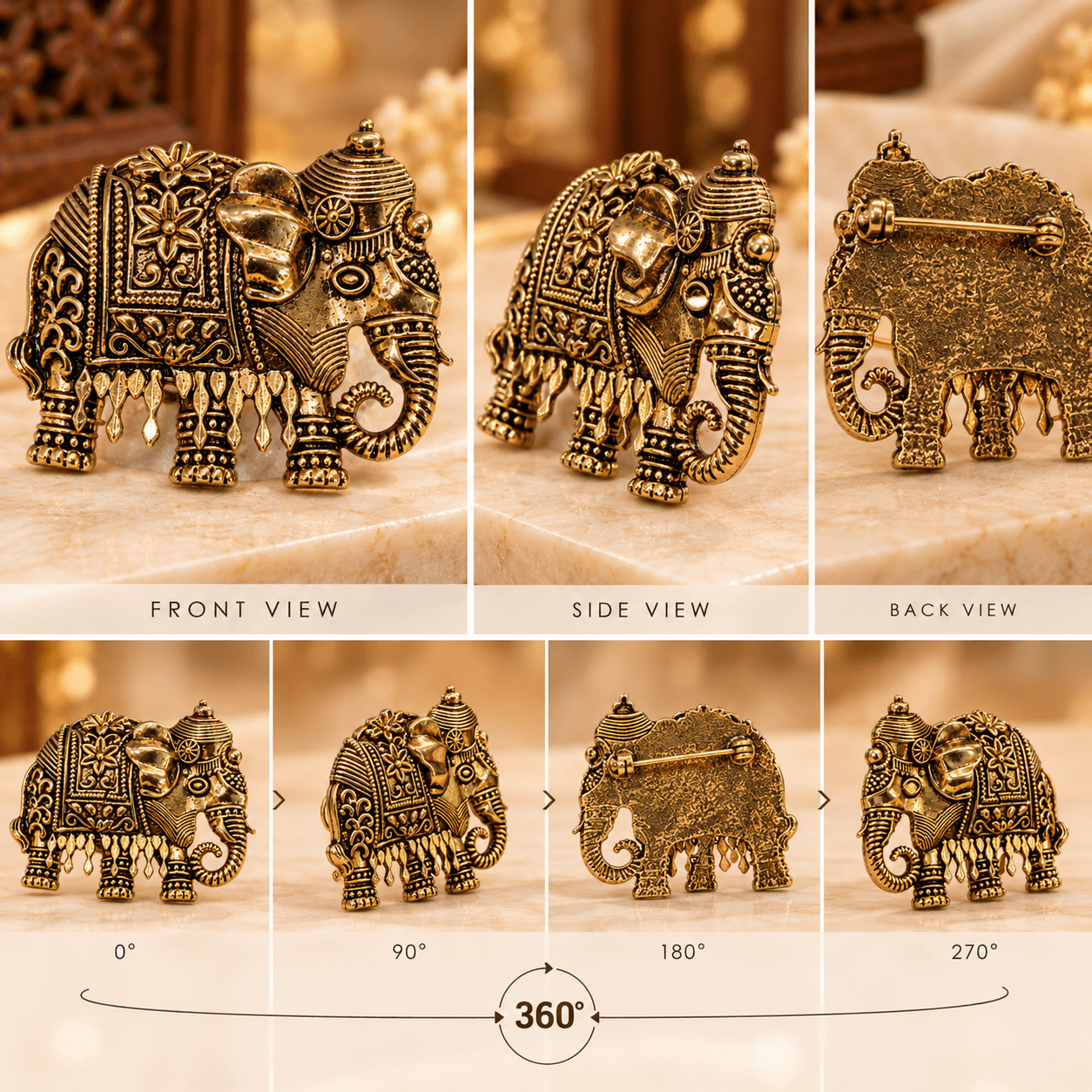 Antique Gold Elephant Sherwani Brooch Pin — view 3