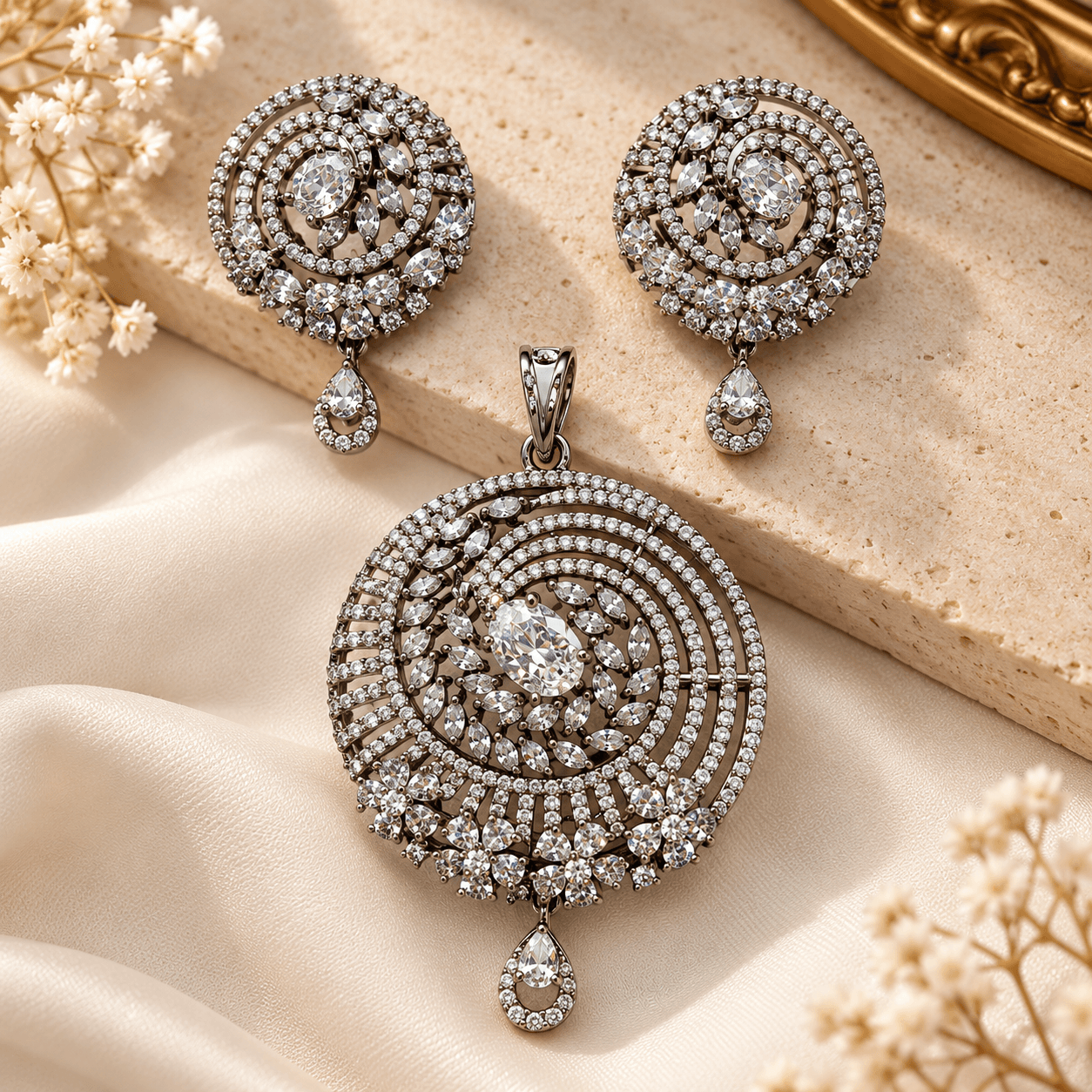 Elegant Black Polish American Diamond Pendant Set — view 1