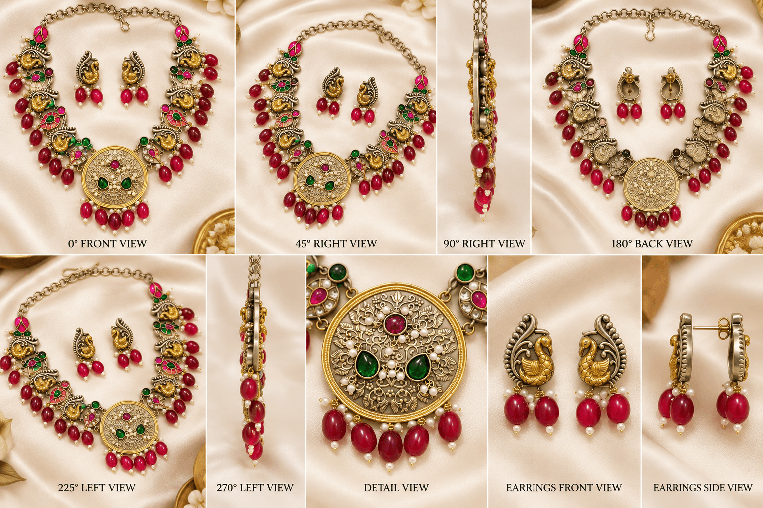 Two-Tone Jaipuri Peacock Medallion German Silver Necklace Set — view 3