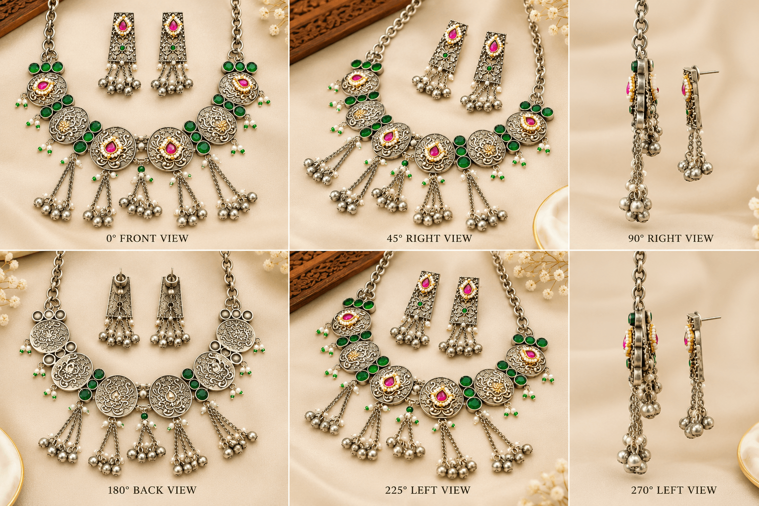 Jaipuri German Silver Green & Ruby Tassel Necklace Set — view 3