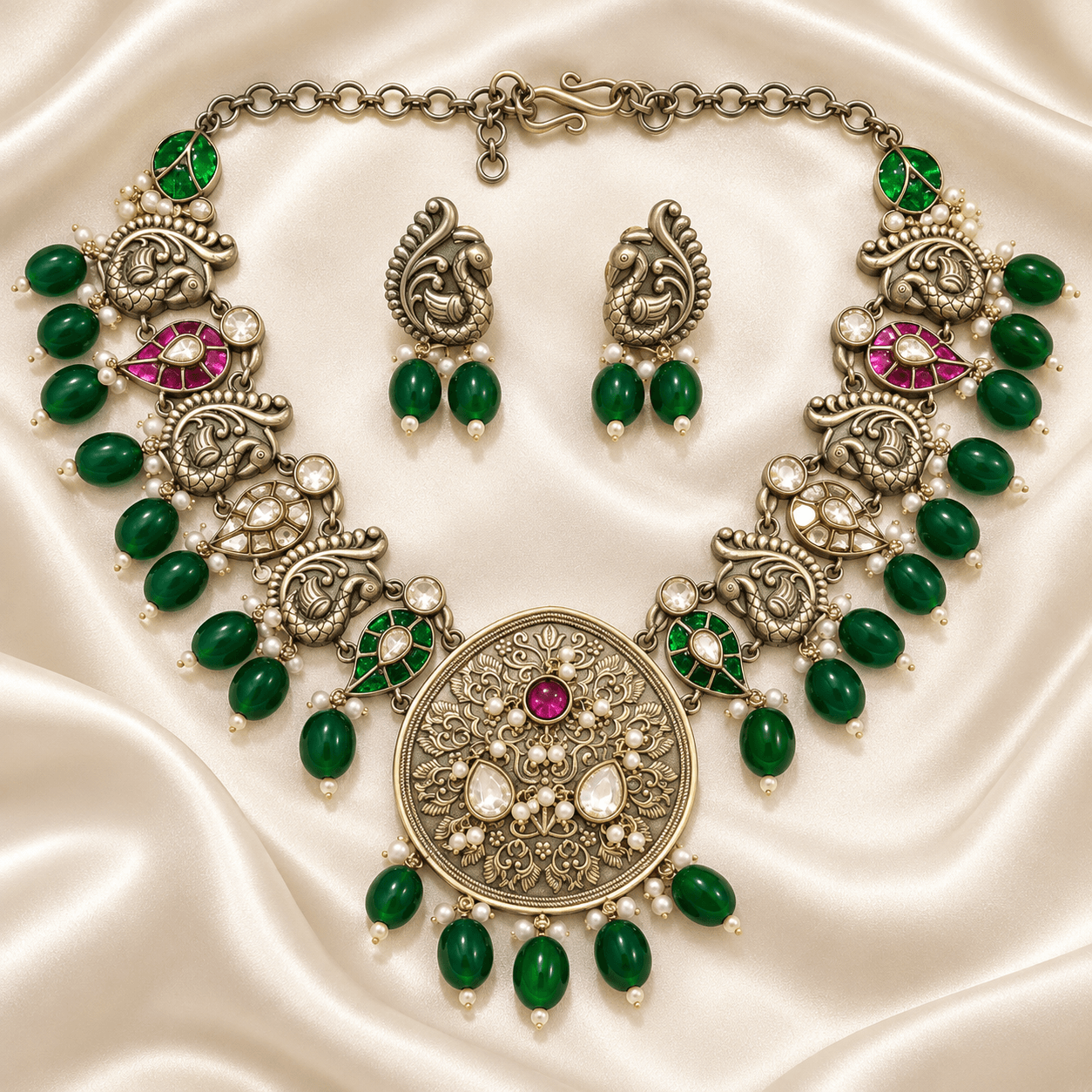 Jaipuri Peacock Filigree German Silver Necklace Set — Green Bead Drops — view 1