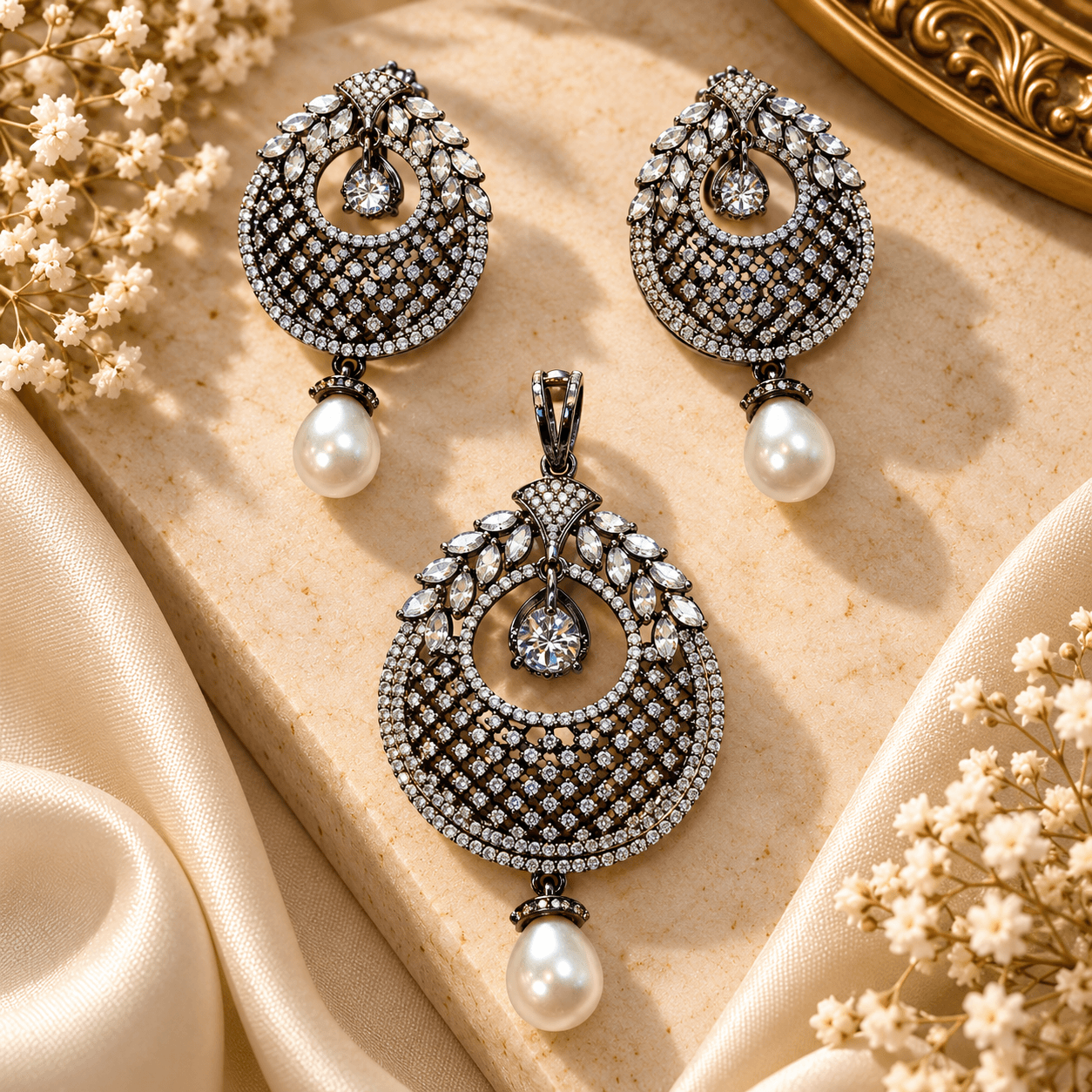 Antique Silver Cubic Zirconia & Pearl Jewelry Set — view 1