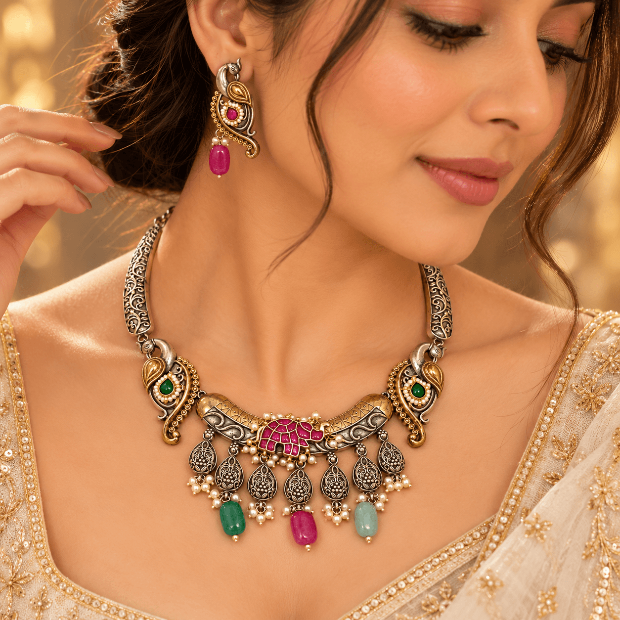 Dual-Tone Jaipuri Peacock & Elephant German Silver Necklace Set — view 2