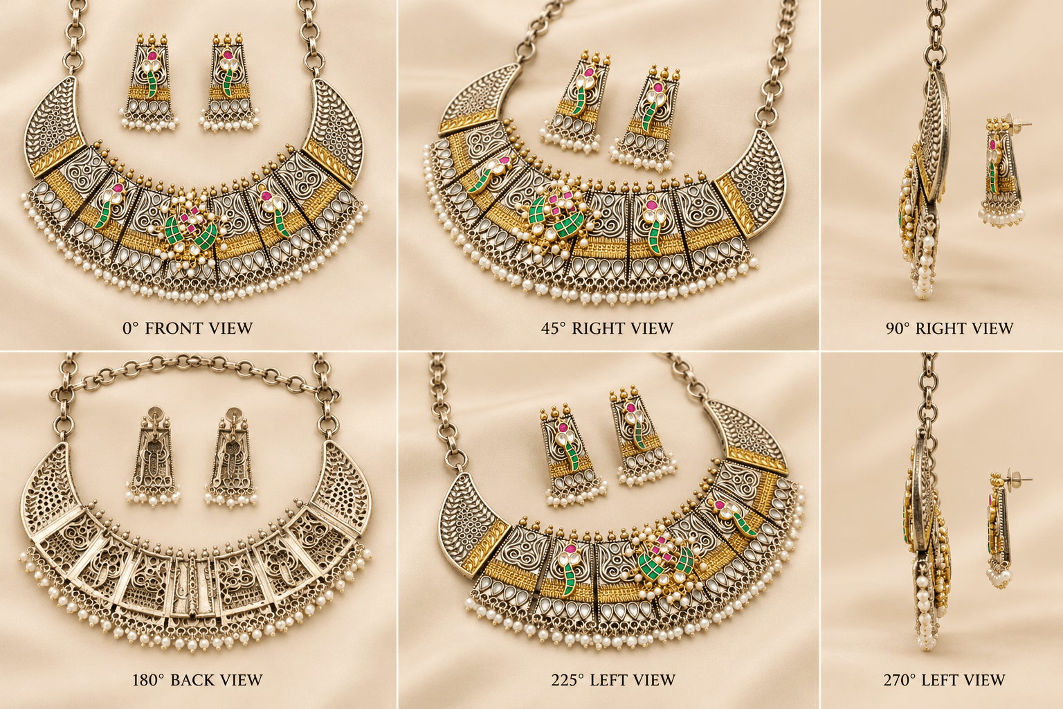 Jaipuri German Silver Meenakari Pearl Fringe Necklace Set — view 3