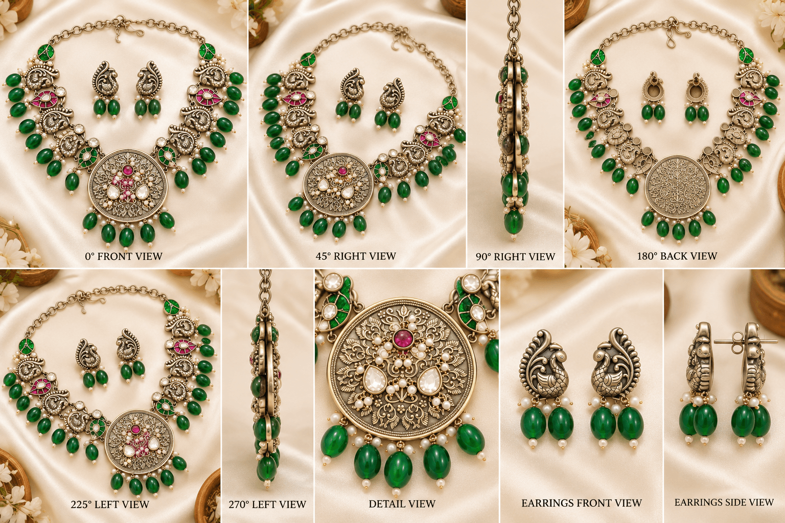 Jaipuri Peacock Filigree German Silver Necklace Set — Green Bead Drops — view 3