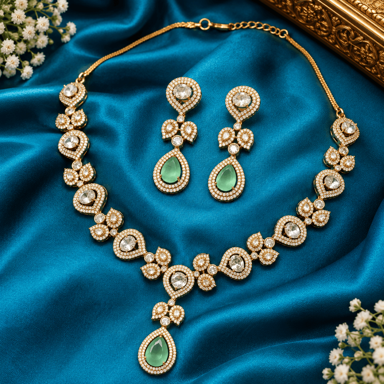Mehendi Polish Mint Green American Diamond Necklace Set — view 1