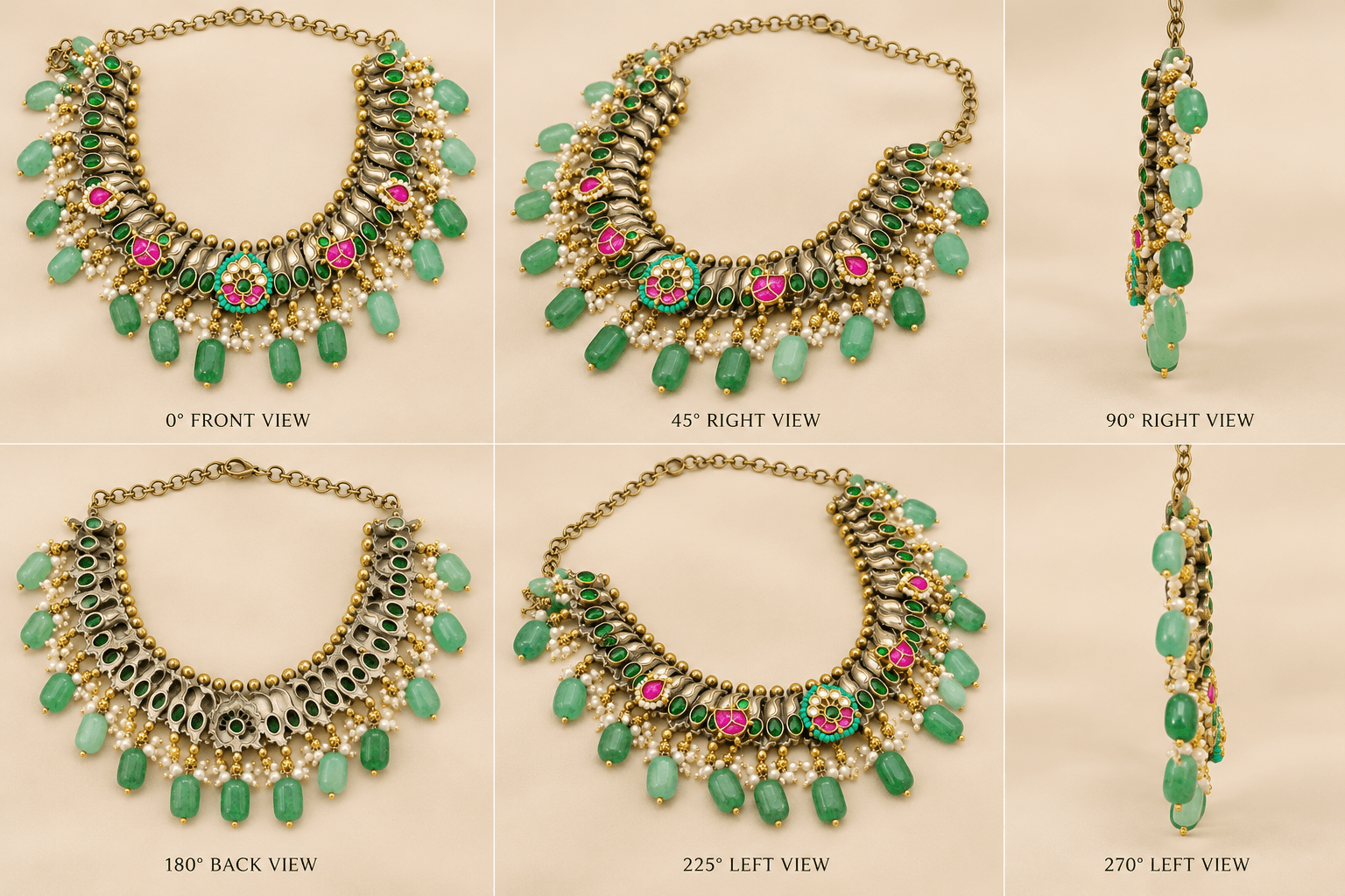 Jaipuri German Silver Green Kundan Statement Necklace Set — view 3