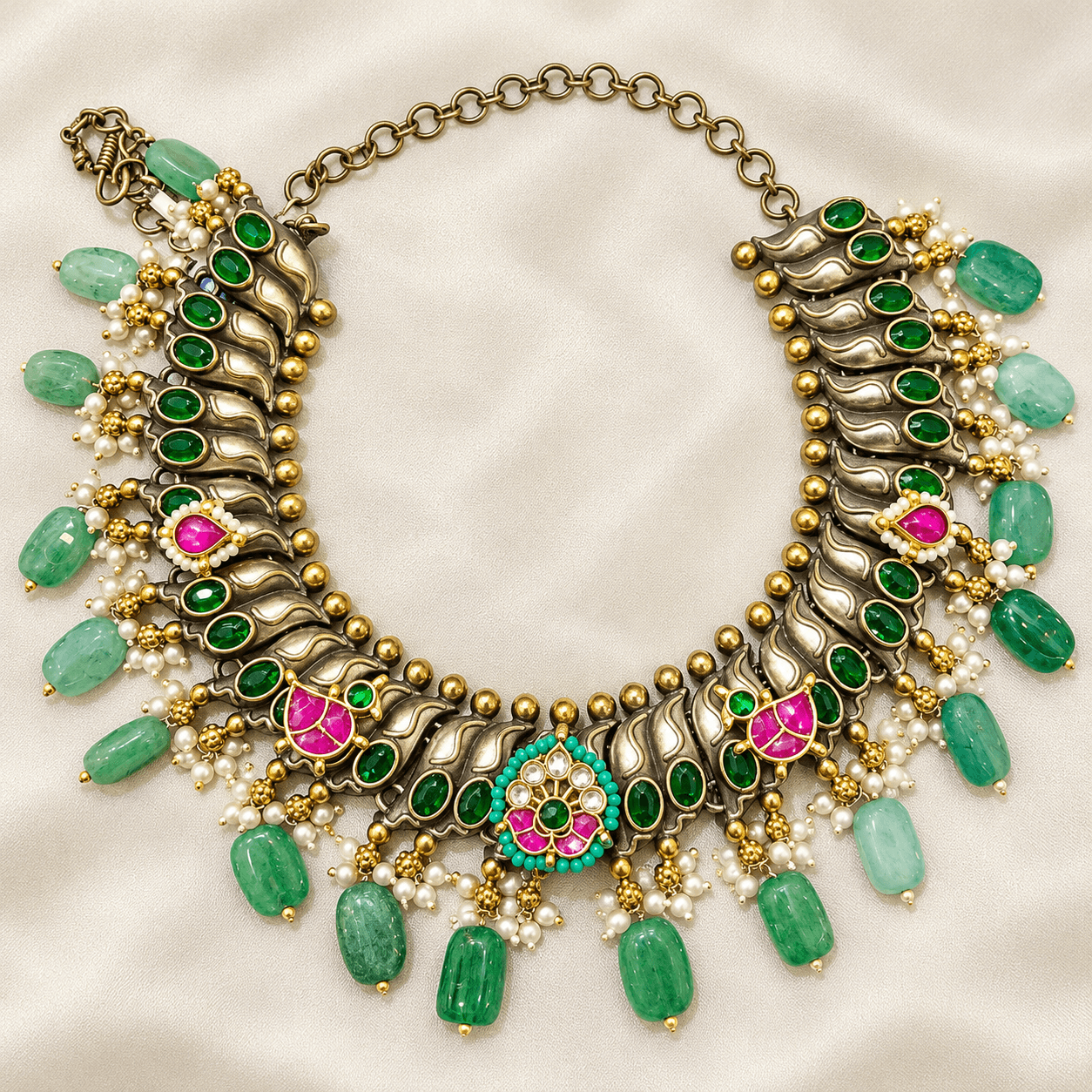 Jaipuri German Silver Green Kundan Statement Necklace Set — view 1