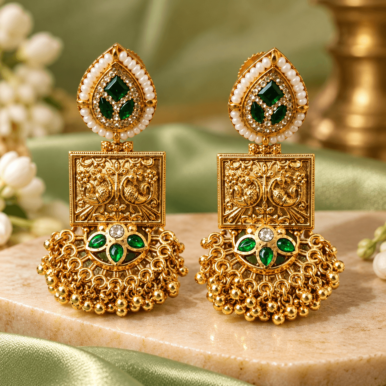 Antique Gold Dark Green Kundan Temple Drop Earrings — view 1