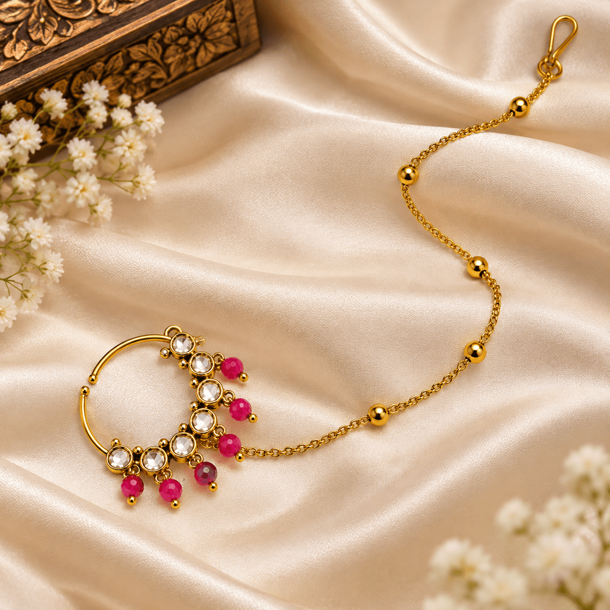 Royal Kundan Nathni with Ruby Bead Drops & Chain — view 1