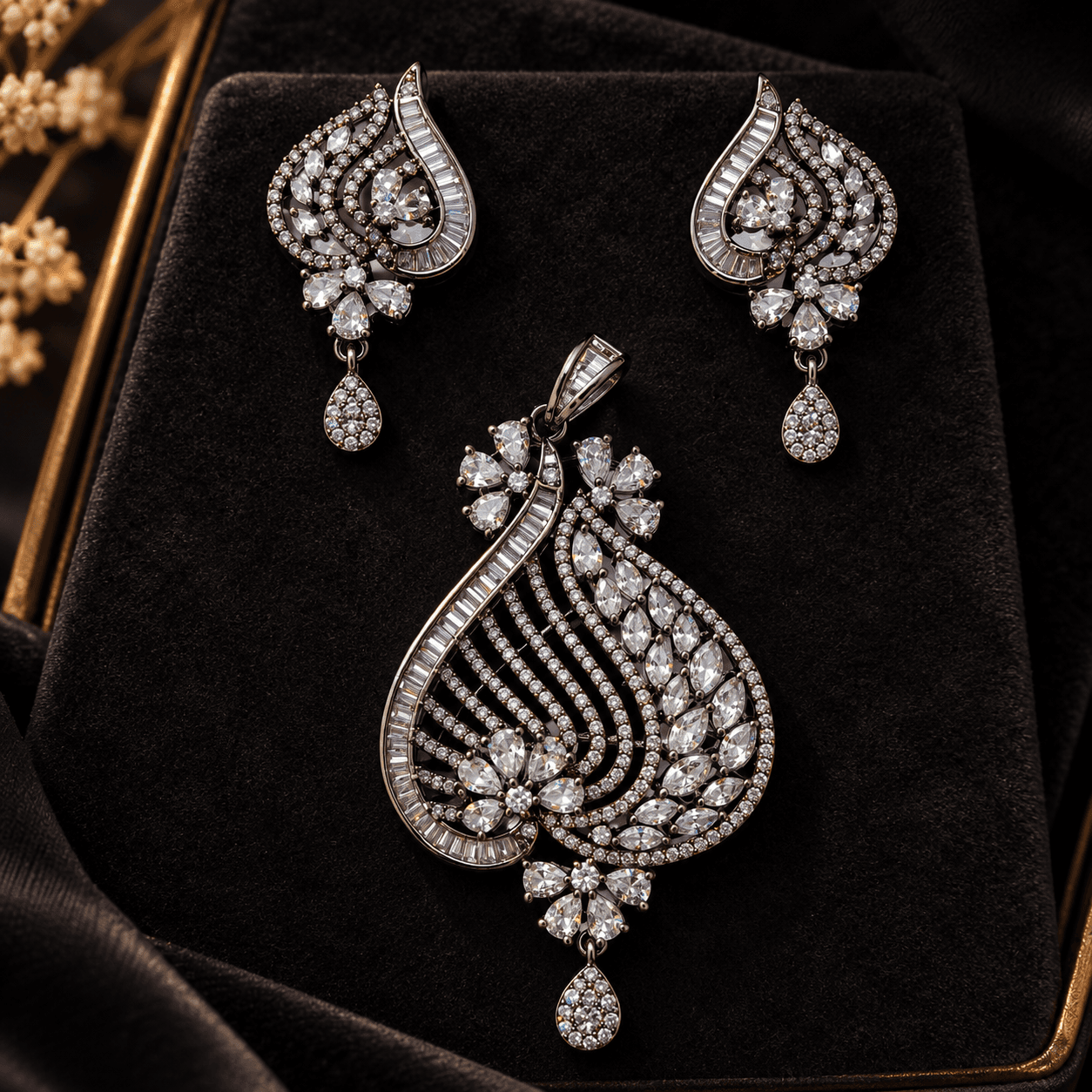 Elegant Black Polish AD Spiral Pendant Set — view 1
