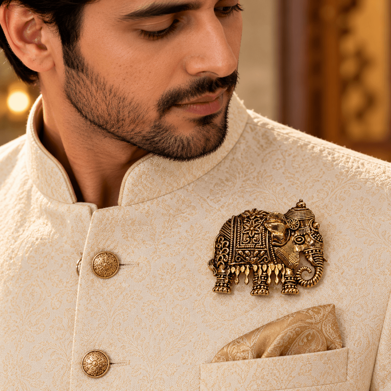Antique Gold Elephant Sherwani Brooch Pin — view 2