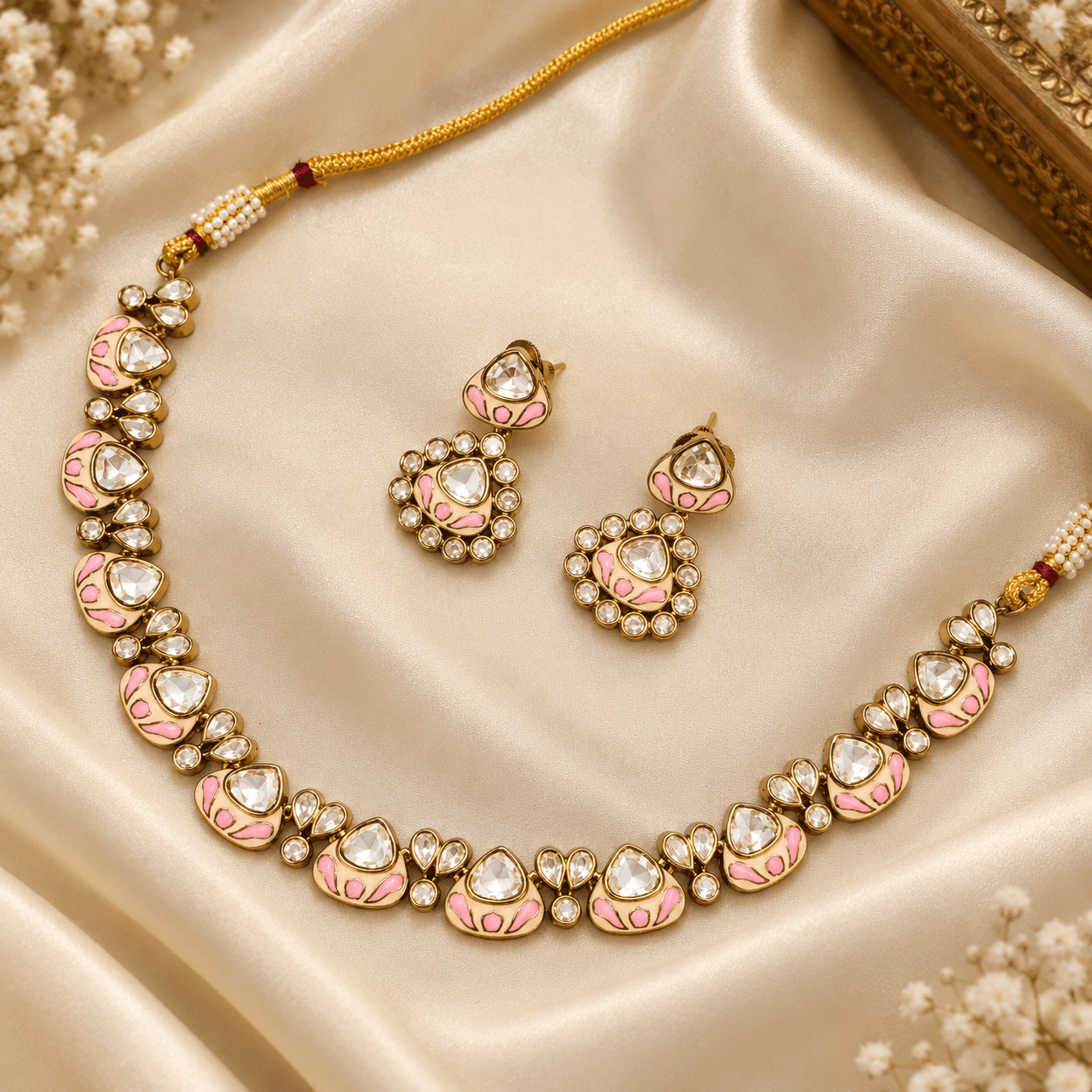 Mehendi Polish Baby Pink Meenakari Kundan Necklace Set — view 1
