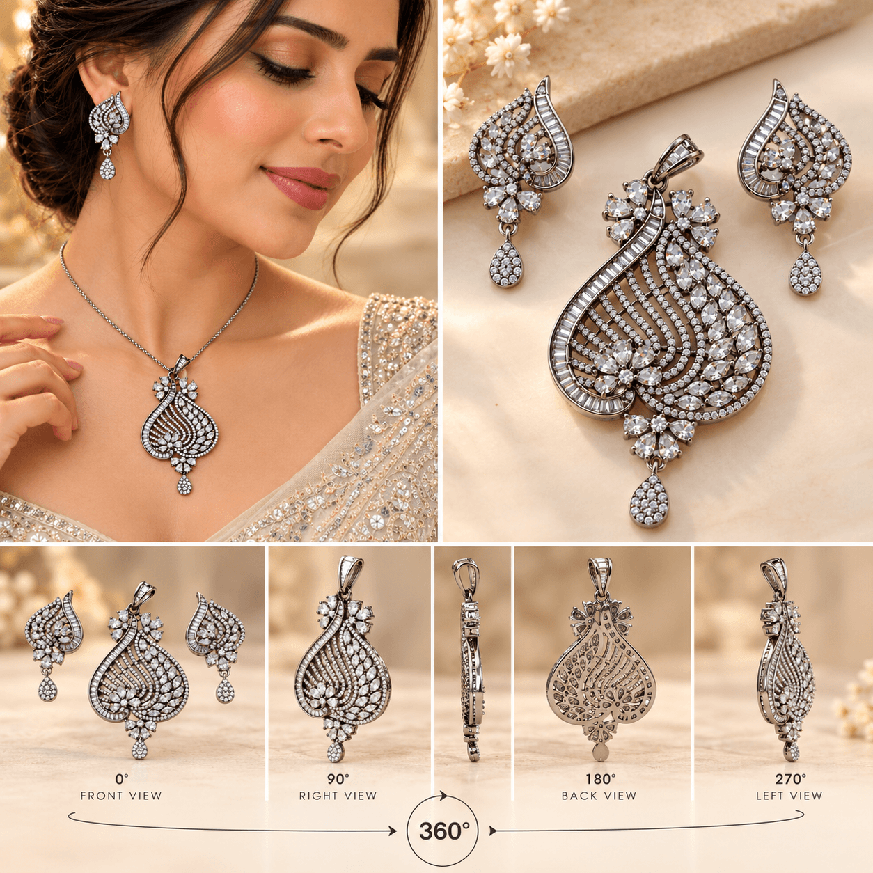 Elegant Black Polish AD Spiral Pendant Set — view 3