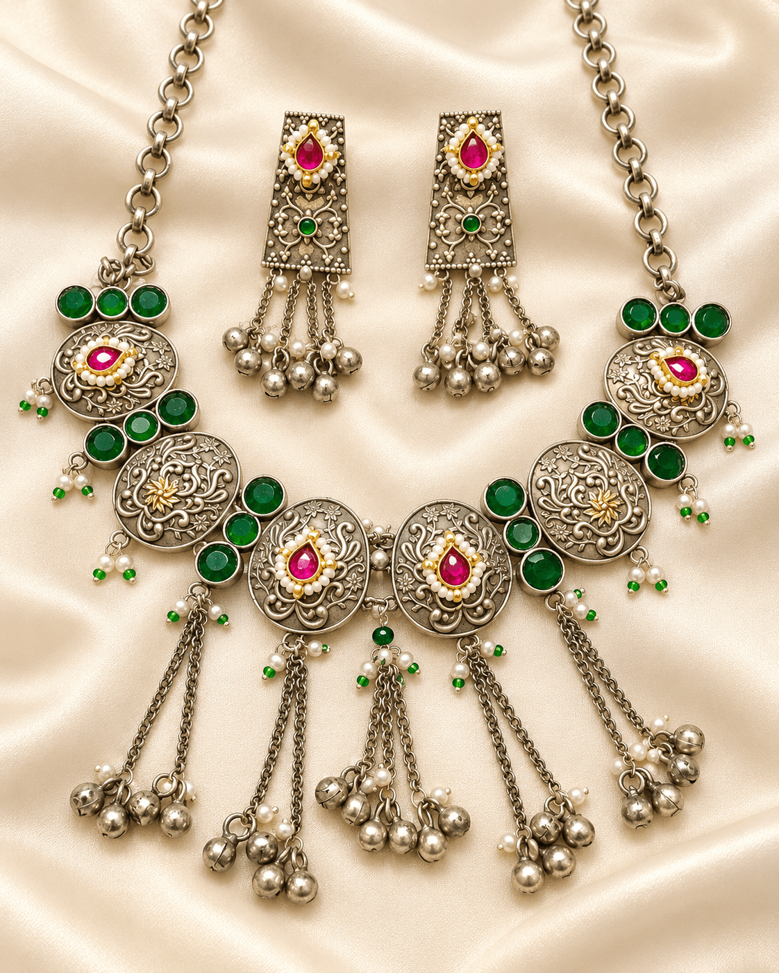 Jaipuri German Silver Green & Ruby Tassel Necklace Set — view 1