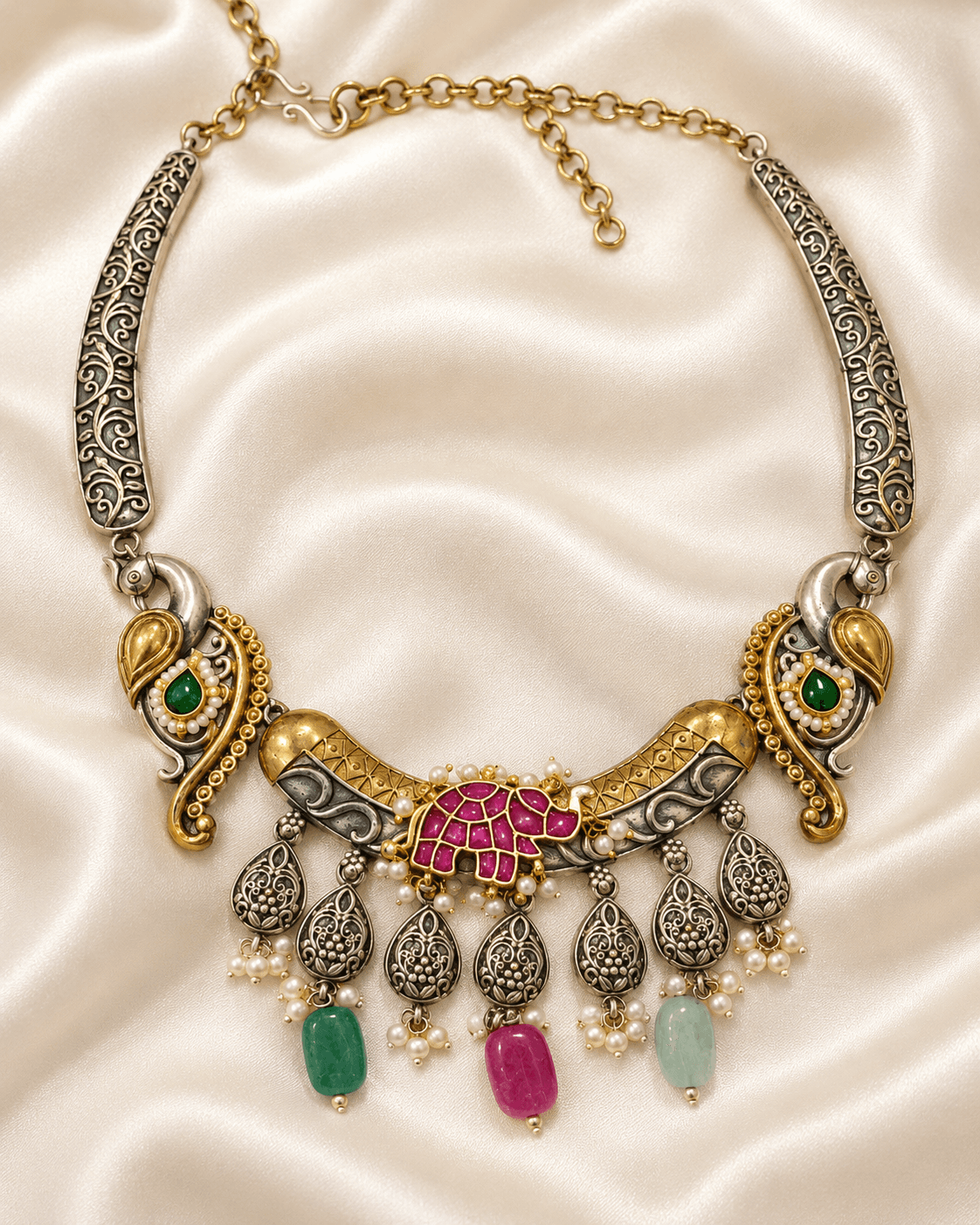 Dual-Tone Jaipuri Peacock & Elephant German Silver Necklace Set — view 1