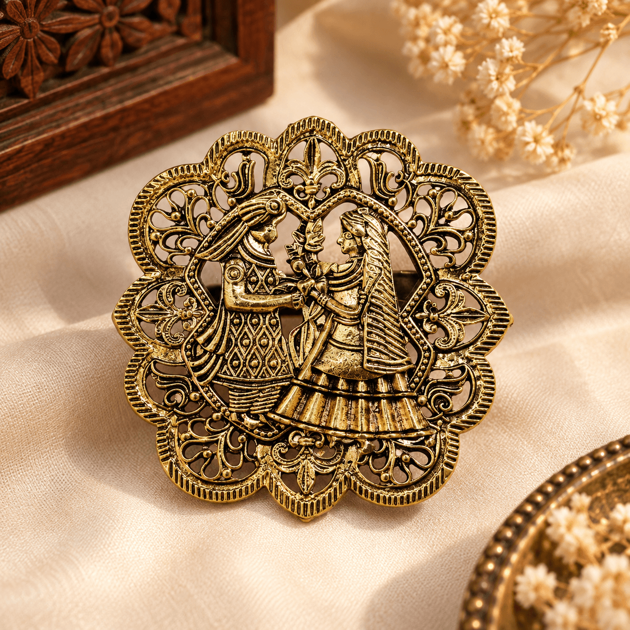 Antique Gold Wedding Bride & Groom Sherwani Brooch — view 1