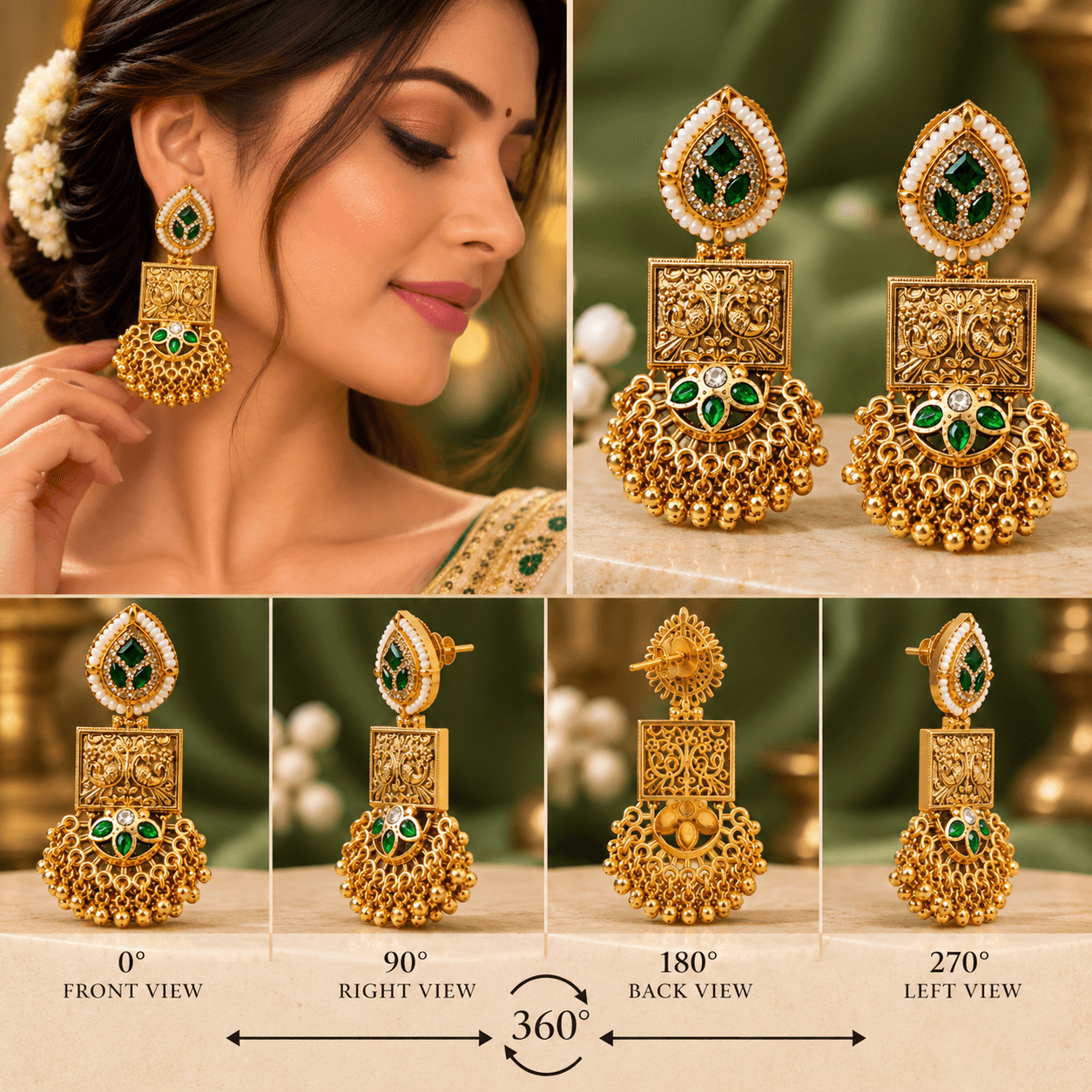 Antique Gold Dark Green Kundan Temple Drop Earrings — view 3