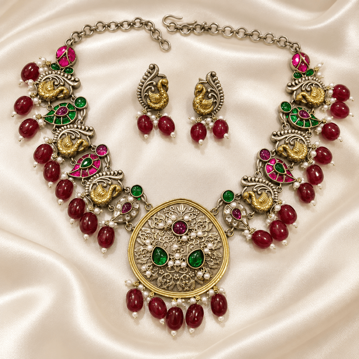 Two-Tone Jaipuri Peacock Medallion German Silver Necklace Set — view 1