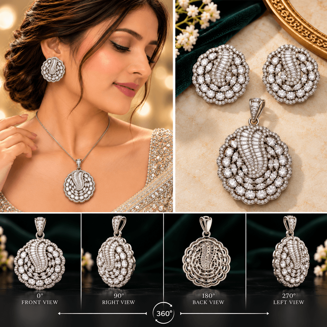 Black Polish American Diamond & Chekar Stone Pendant Set with Matching Earrings — view 3