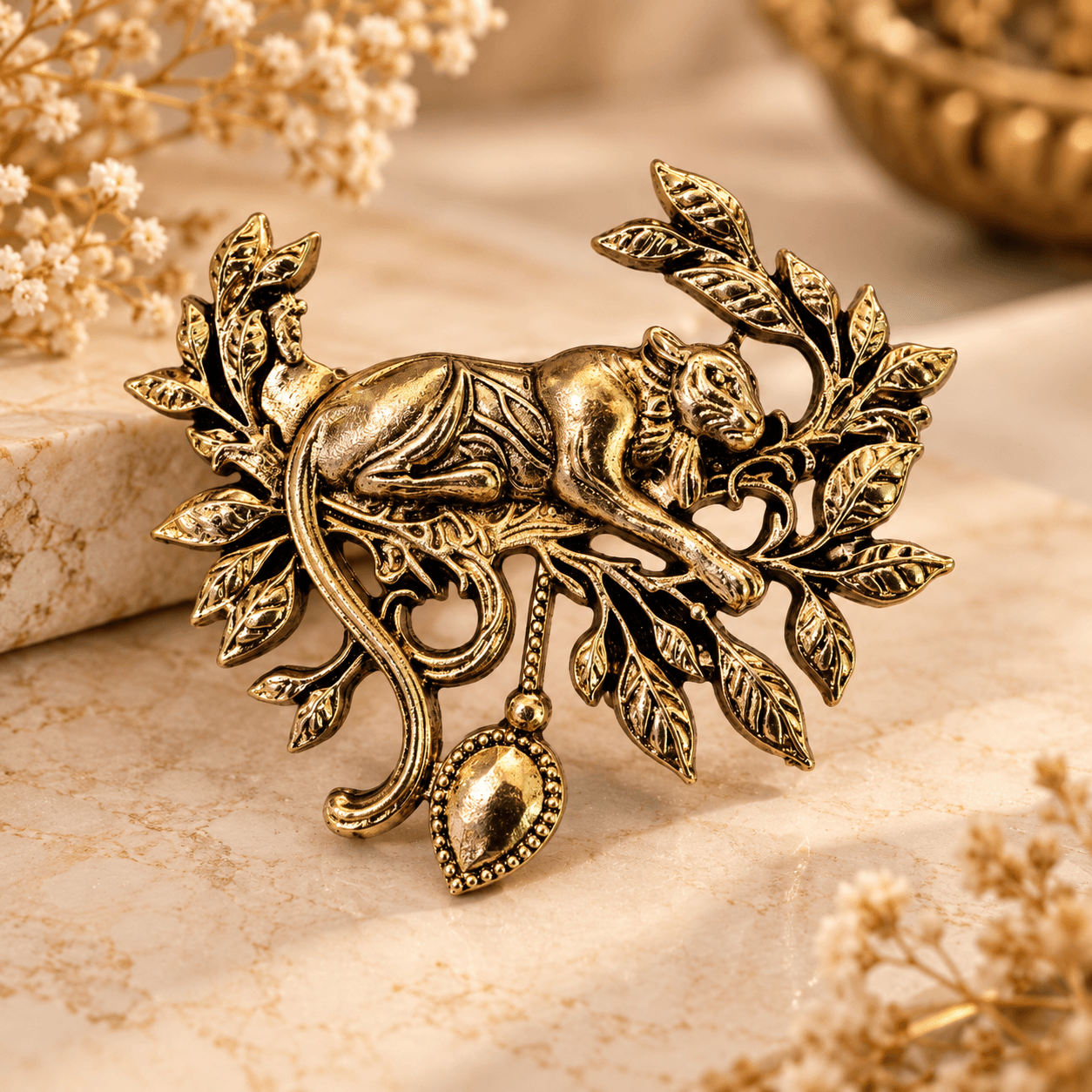 Antique Gold Panther Leaf Brooch — view 2