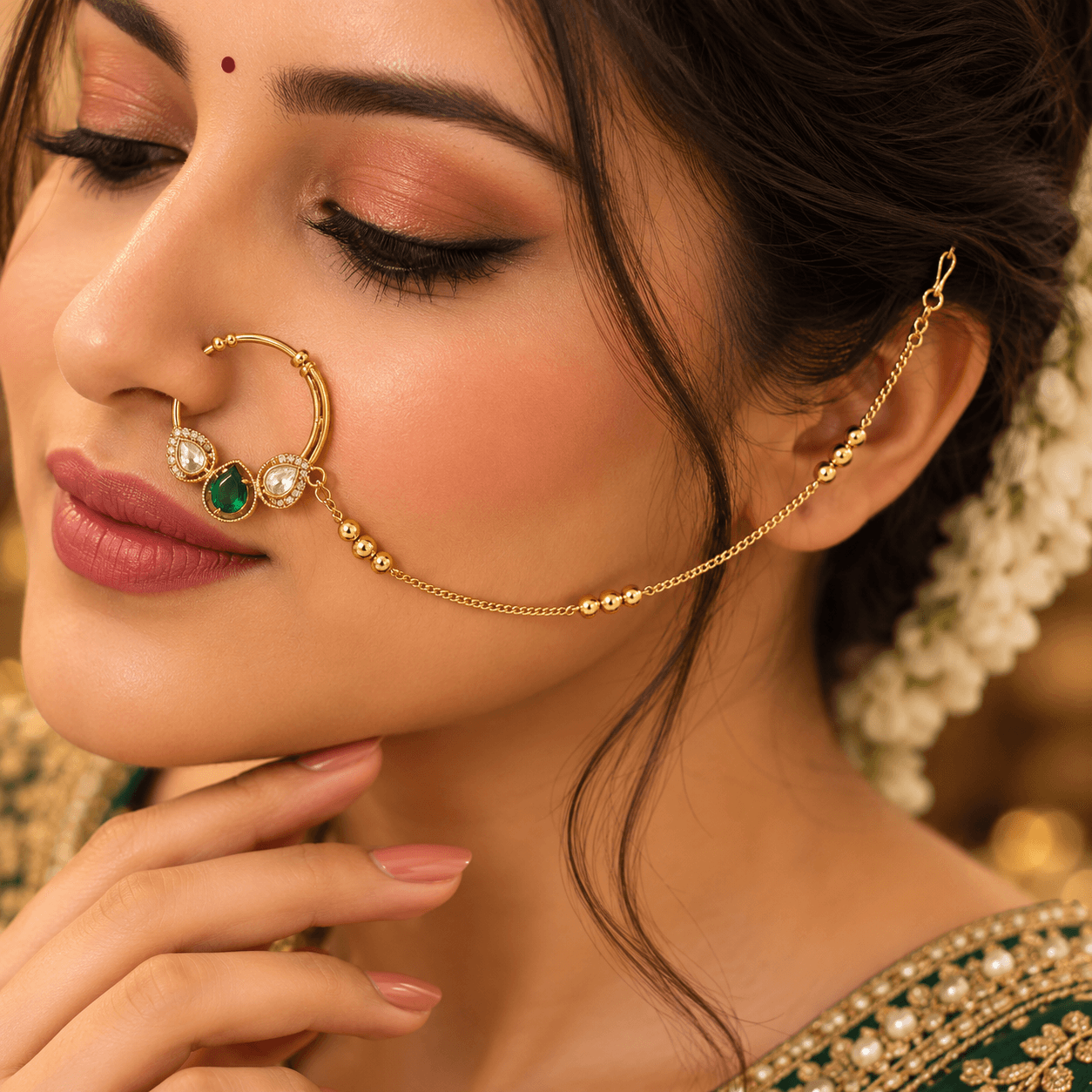 Premium Kundan Nathni with Chain — view 2