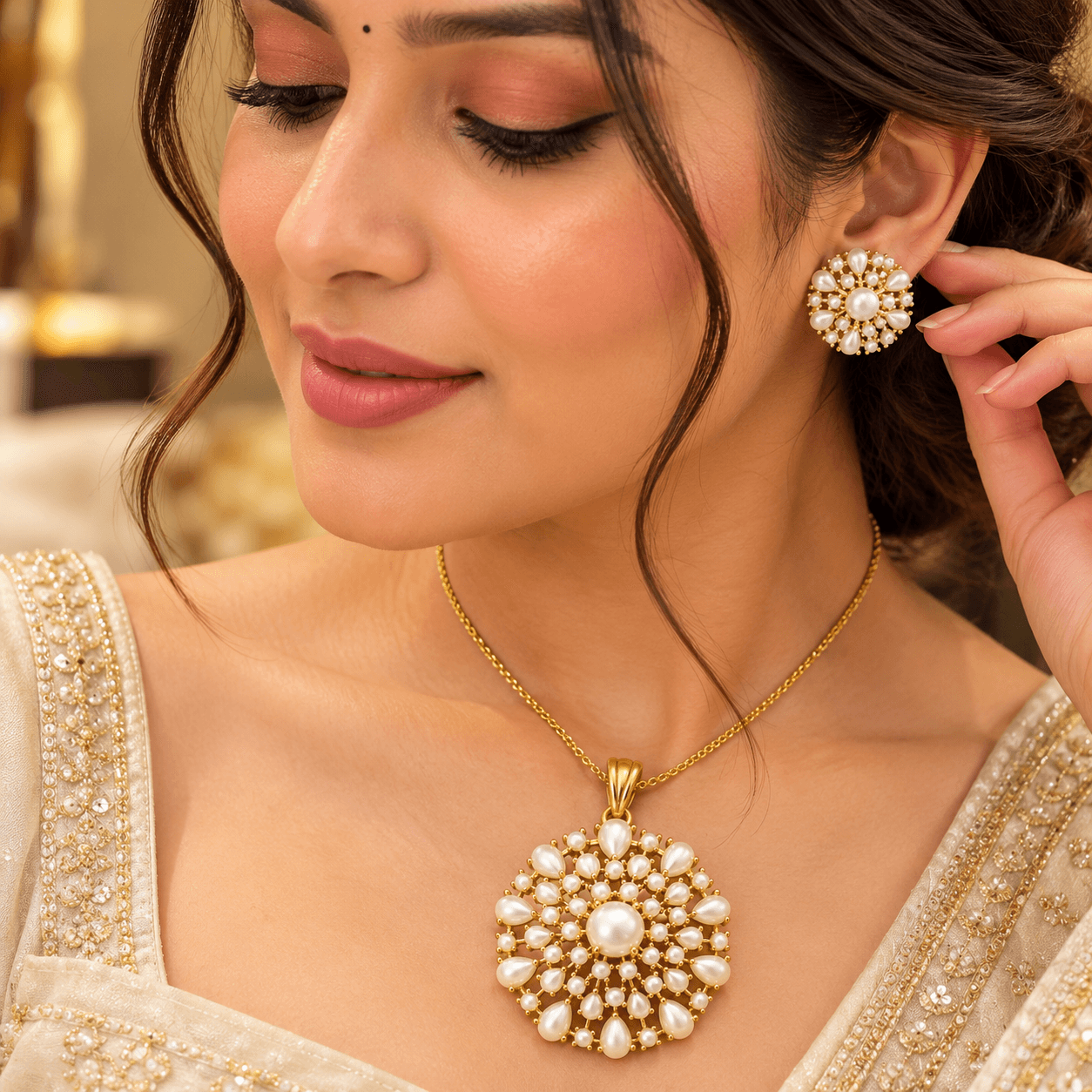 Royal Floral Pearl Pendant & Butti Set — view 2