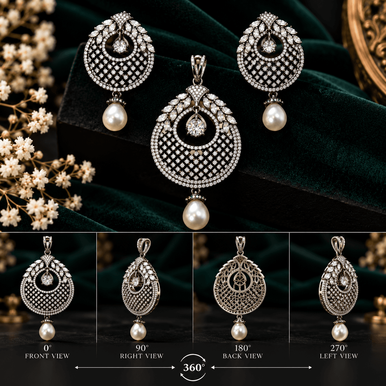 Antique Silver Cubic Zirconia & Pearl Jewelry Set — view 3