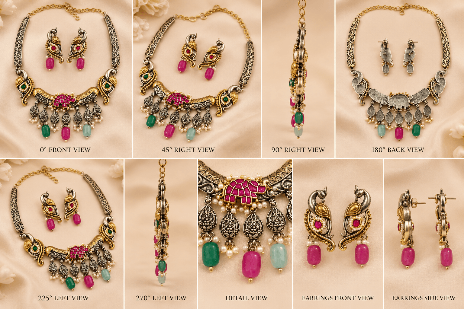 Dual-Tone Jaipuri Peacock & Elephant German Silver Necklace Set — view 3