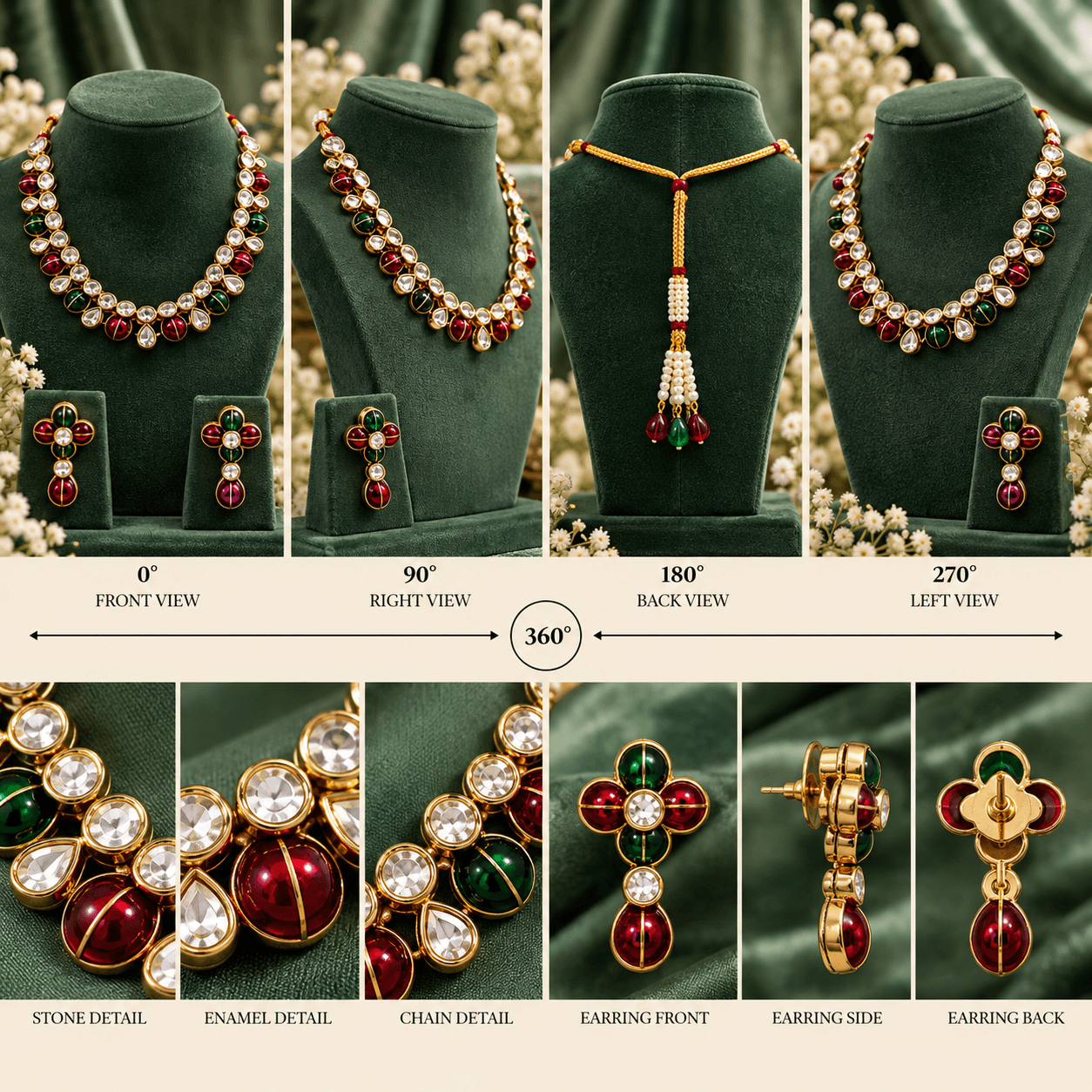 Mehendi Polish Red Green Meenakari Kundan Necklace Set — view 3
