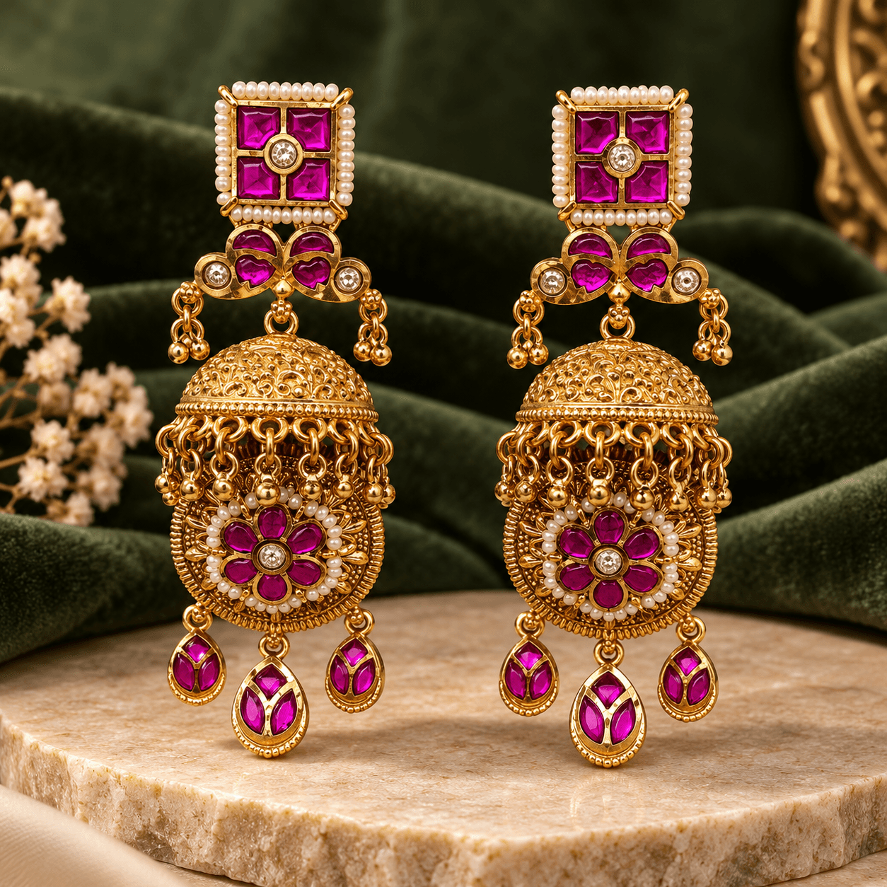 Antique Gold Ruby Kundan Jhumka Earrings — view 1