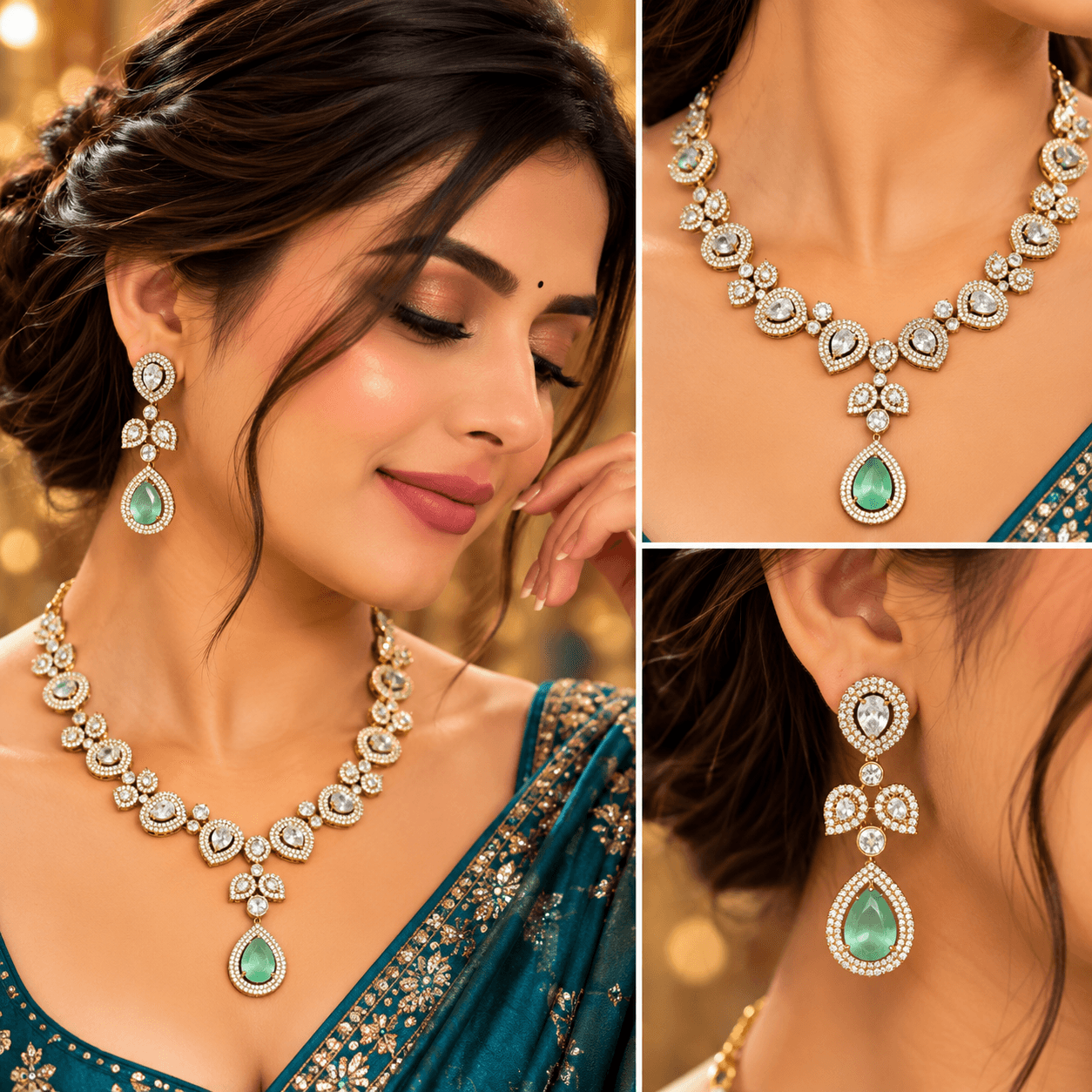 Mehendi Polish Mint Green American Diamond Necklace Set — view 2