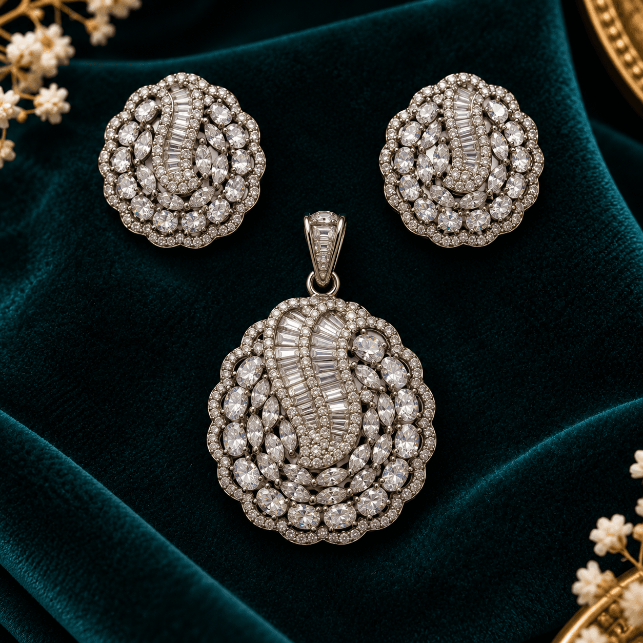 Black Polish American Diamond & Chekar Stone Pendant Set with Matching Earrings — view 1