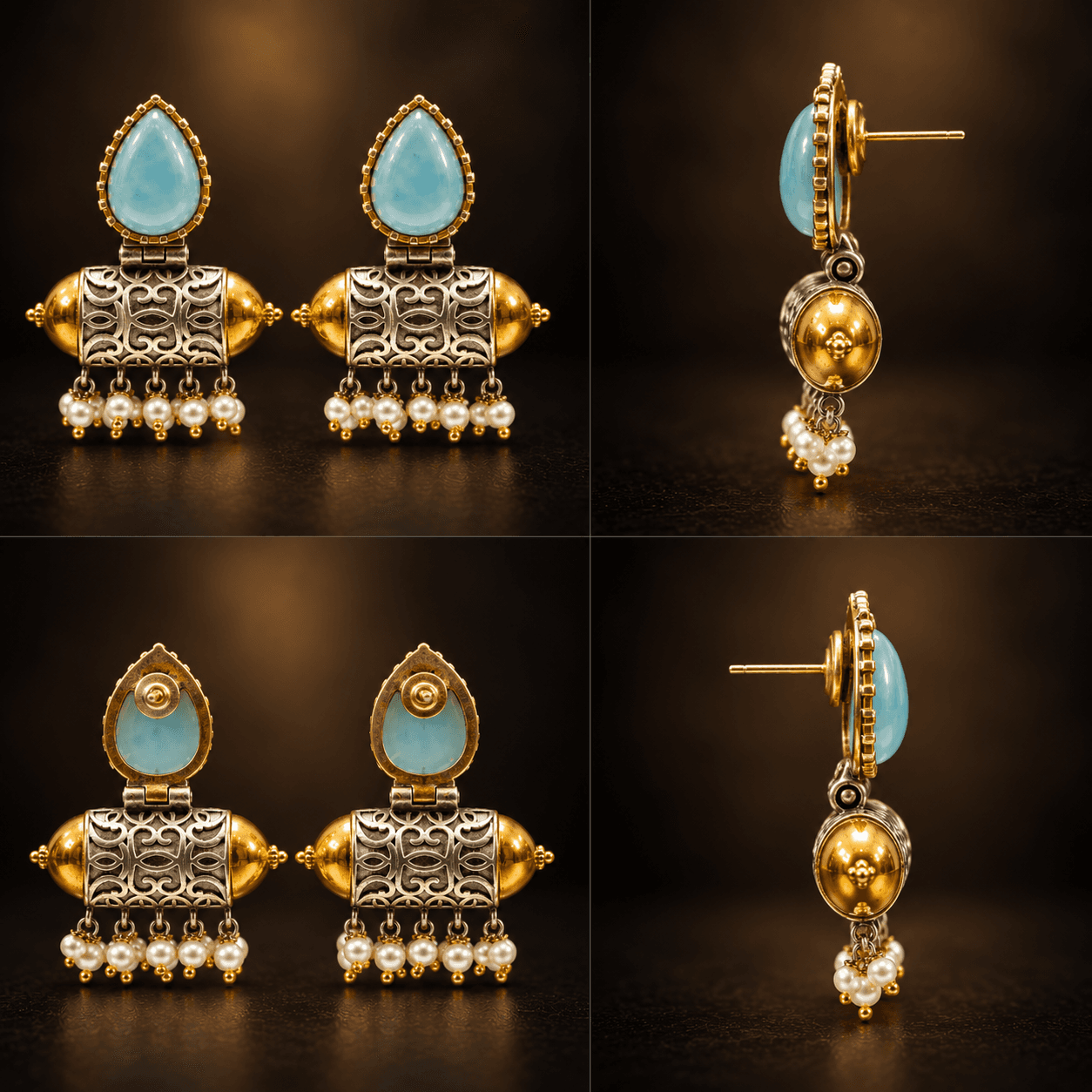 Original Jaipuri 2-Tone Oxidised Earrings – Blue Mint Colour — view 3