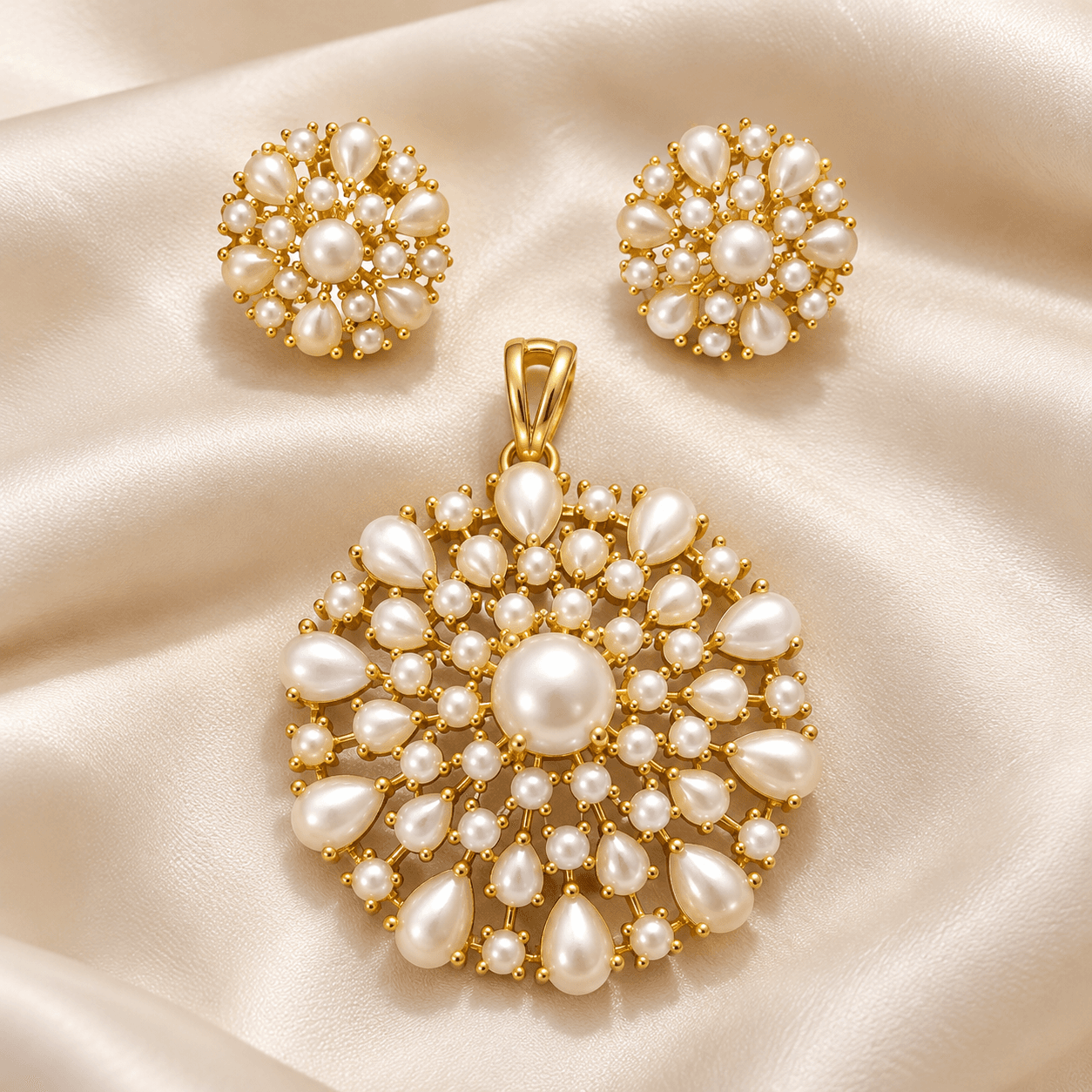 Royal Floral Pearl Pendant & Butti Set — view 1