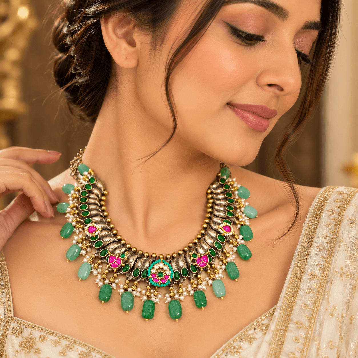 Jaipuri German Silver Green Kundan Statement Necklace Set — view 2