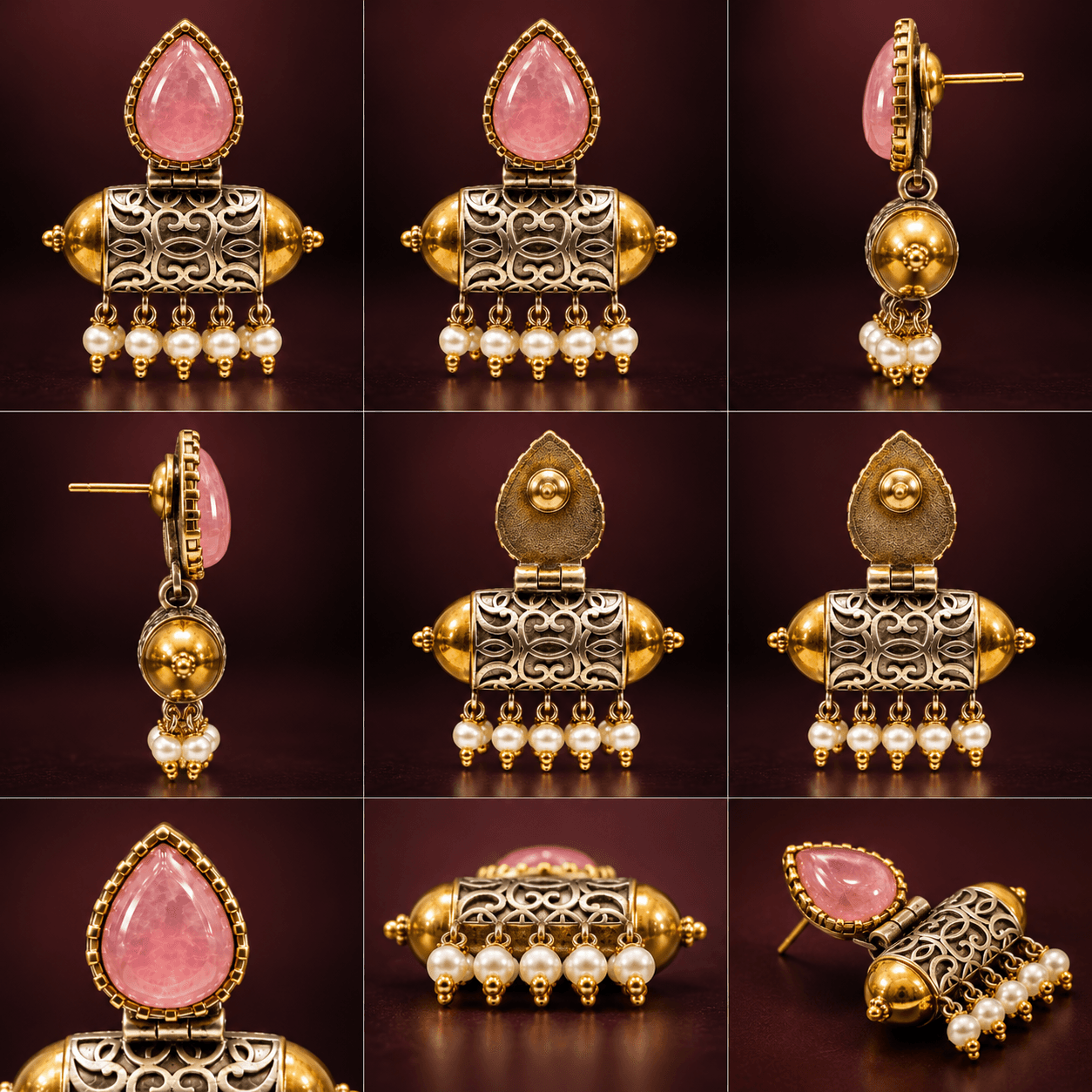 Original Jaipuri 2-Tone Oxidised Earrings – Baby Pink — view 3