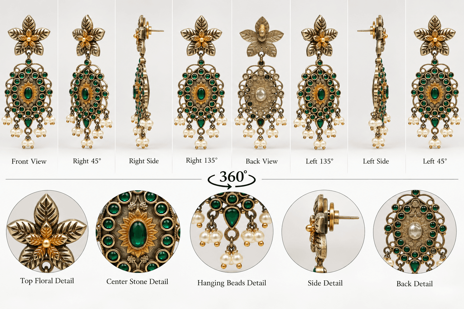 Original Jaipuri 2-Tone Oxidised Earrings – Dark Green Stone — view 1