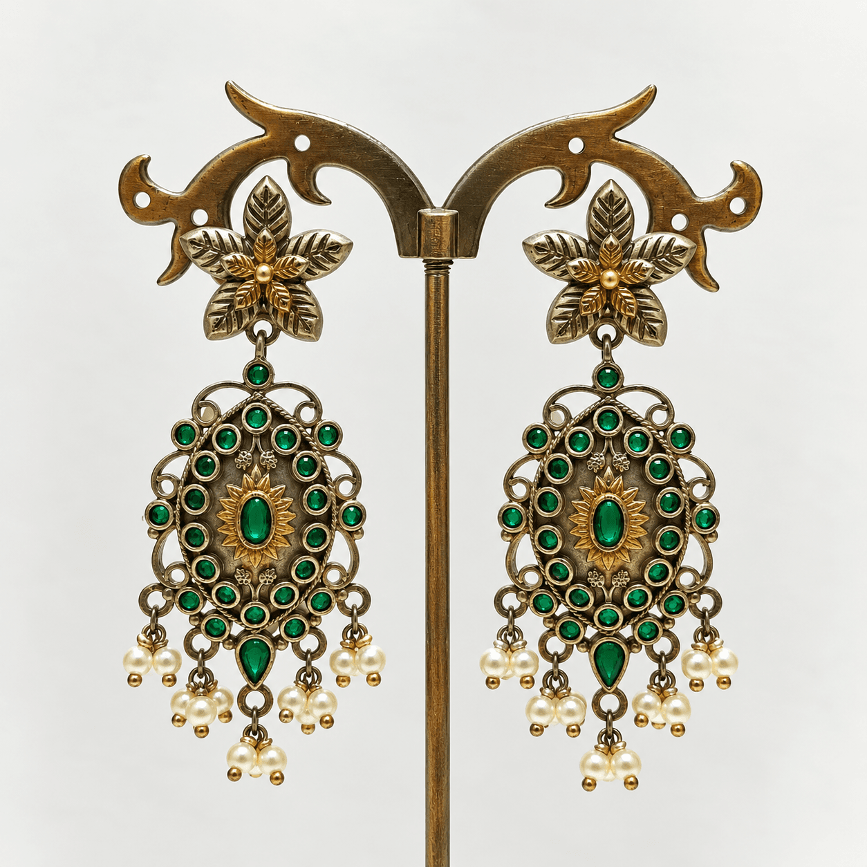 Original Jaipuri 2-Tone Oxidised Earrings – Dark Green Stone — view 2