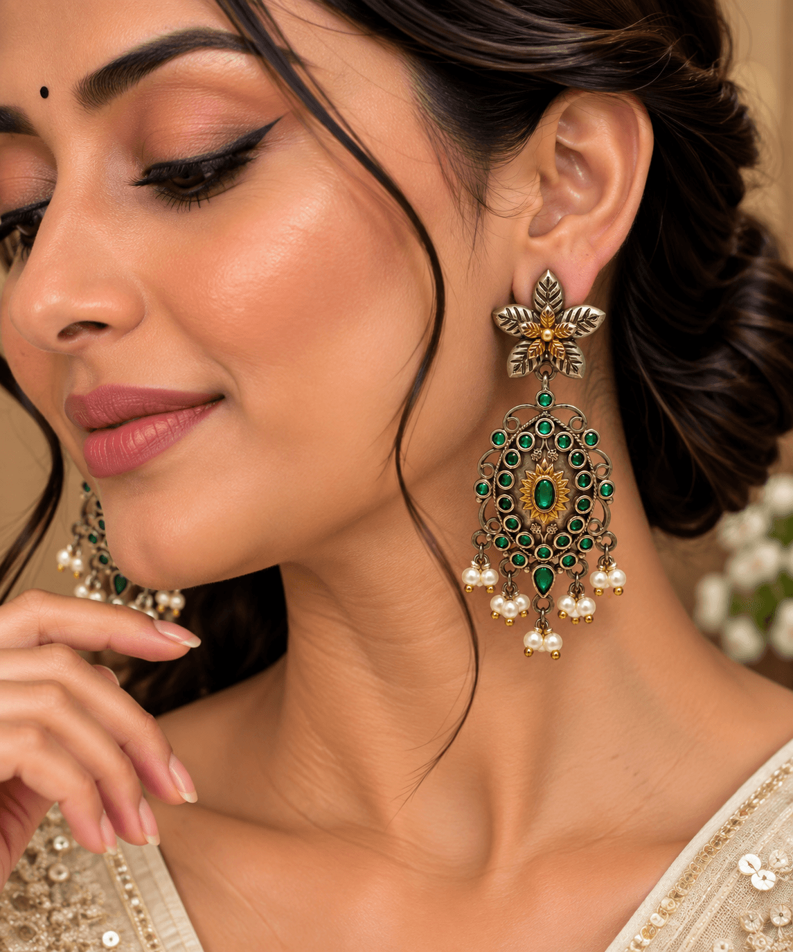 Original Jaipuri 2-Tone Oxidised Earrings – Dark Green Stone — view 3