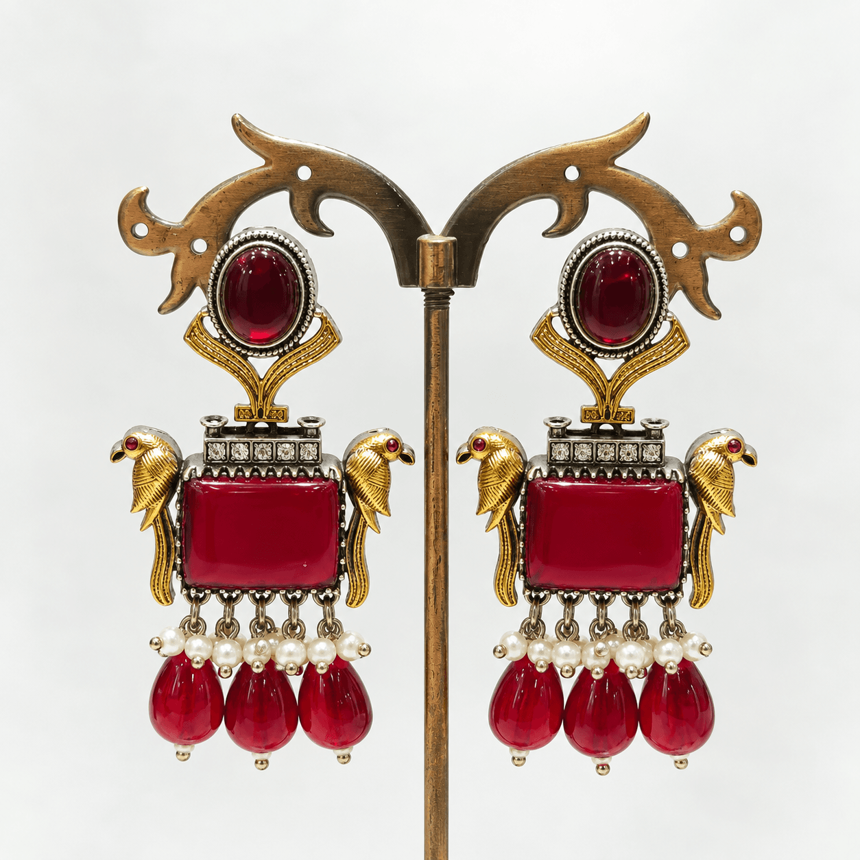 Original Jaipuri 2-Tone Oxidised Earrings – Red Stone — view 3