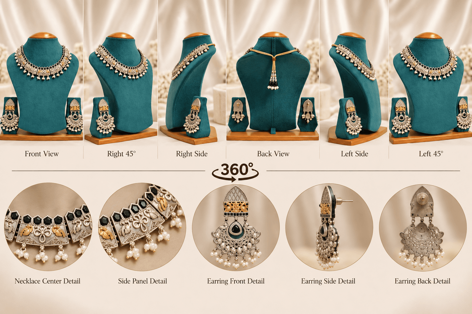 Original Jaipuri 2-Tone Oxidised Necklace Set – Black Stone — view 3
